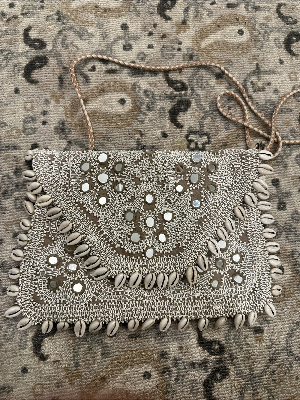 Antik Batik Beige Shell & Mirror Embellished Crossbody Bag